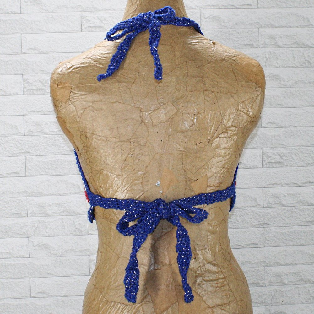 HAND CRAFTED Crop Top Crochet Bikini Patriotic Stripe Metallic Red White Blue - Picture 3 of 11